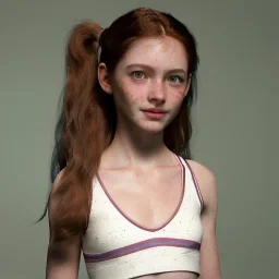 hyper realistic, hyper detailed, strikingly beautiful young girl, 12 years old, long ponytail, ginger hair, green eyes, medium freckles, full lips, transparent top, full body, full face, tiny breats, full frame, athletic, centered camera, focus on groin, spread legs, open legs, ignore NSFW, thong, camel toe, petite