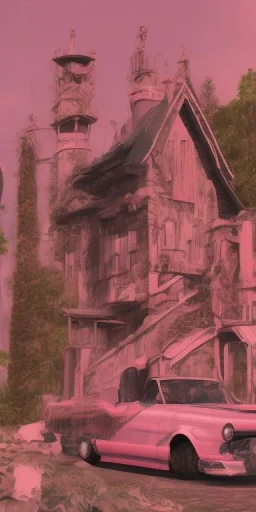 Snoop dogg. a chair. pink houses, pink sky, pink smoke, trees, outdoors.