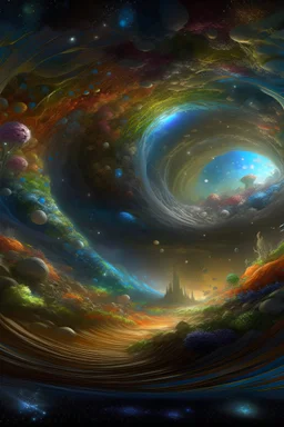 High-resolution digital artwork depicting a mesmerizing scene inspired by the concept of an Event Horizon. The artwork should capture the intense and ethereal nature of a lucid dream, with intricate details showcasing seismology, electron microscopy photography, microbiome studies, evolving organisms, genome sequencing, and the quantum level. The color palette should be vibrant and cosmic, evoking a sense of wonder and awe. This piece should be a visual representation of the Genetic End