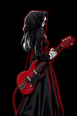 goth girl(dressed as the grim reaper, hood back) rockin' on the guitar, leaning back, dark background, red outline, vignette