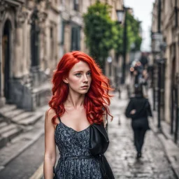 a girl with bright red hair, looking over her shoulder, scared, walking along a bust street