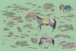 illustration fantasy horses of different colors in a field from afar