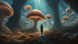 woman walking through Alien mushrooms with jellyfish tentacles, floating through an alien forest, in a huge cave, floor covered in mushrooms, photorealistic, Deep Colour, Intricate Detail, sunshine, blue sky