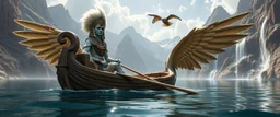 a fluffy quickling egyptian bald hat looks like the opposite of a vampire in bunad leaning on statue of twister interdimensional sci fi boat with oars that looks like wings gliding through space waters under the biggest owl and scenic water fall mountains