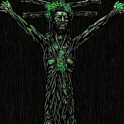 crucified on the cross christ liberty hybrid tone, woodcut, engraved, wall street journal style, statue of cruicified Jesus of Liberty with a beard and wearing a cross and hanging from a cross, The statue male, hyperdetailed intricately detailed photoillustration ink drawing dystopian 8k resolution entire body of the statue is in the picture. digital illustration telephoto lens photography , same colors as the us treasury's one dollar bill, crucified"