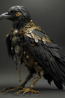 Beautiful Crow bird full body front wiev portrait with open wings extremely detailed and textured feathers ribbed with árt Nouveau floral embossed filigree Golden chain effect miniature lack shiny diamonds wearing árt Nouveau style filigree feathered costume and black diamond diadem and jewelry organic bio spinal ribbed detail of full body hyperrealistic intricate detailed of full body bird portrait