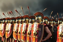 Scene from the movie "300" with a row of Spartans in a phalanx alignment with elaborate shiny Spartan Shields lined up in a row, watercolor and ink, dramatic, arrows in the air and embedded in the shields