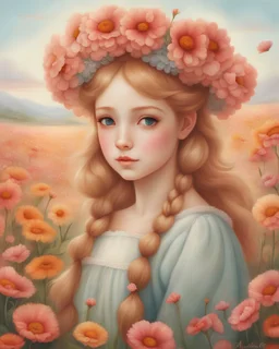 a painting of Anne Shirley with flowers in her hair, portrait of girl in flower field, realistic cute girl painting, girl standing in flower field, realistic anime style at pixiv, by Margaret Keane, portrait of lolita, girl standing in a flower field, girl in a flower field, inspired by nicoletta ceccoli, by nicoletta ceccoli
