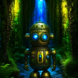 portrait of advanced cute chat robot in the style of lovecraft , in front of teleporter portal to the sea in an underground grove, in the style of dali, 8k, down-light, soft light, depth of field, photo realism, trending on art station, high detail