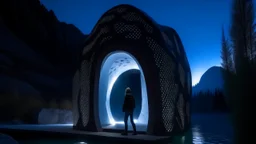 A modern architectural structure with irregularly shaped holes illuminated from within at night, a person standing in the doorway, and a body of water in the foreground with mountains in the background