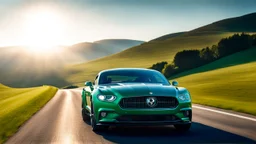 Cross between Ford mustang and bentley, on a road of green hills in morning, clear blue sky, shining sun rear view