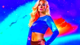 Full body portrait of a peaceful ((smiling)) gorgeous blonde Goddess of the galaxies with a blue indigo purple skin, high skul, luminous eyes in a galactic sunset