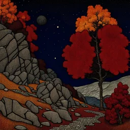 Autumn colors, peaceful, Egon Schiele, Max Ernst, night sky filled with galaxies and stars, rocks, trees, flowers, one-line drawing, sharp focus, 8k, deep 3d field, intricate, ornate, one million strokes