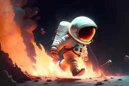 یک کارکتر کوچولو آتشین سوار بر فضا پیما و در حال حرکت به سمت ماه