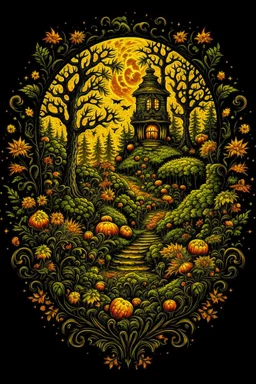 Autumn Evening Garden T-Shirt Design, Black Background, by Andrew Ferez