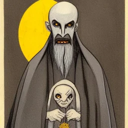 Nosferatu with four yellow eyes with fleshy tentacle beard grey skin and vampire fangs as a Russian Orthodox