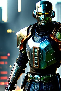 Fully armored cyberpunk samurai, photorealistic