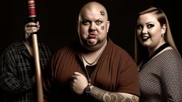 realistic, personality: [Capture a close-up shot of 2midelaged english chubby extreme tatoed women punkers, with baseball bats chang a creepy man in a brown parkacoat