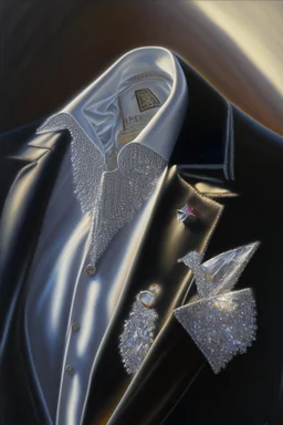 A silver brooch pinned to the collar of a black velvet suit, set with sparkling diamonds, in a luxurious bedroom in the sunlight Hyper realistic, oil on canvas award winning fantastic view ultra detailed acrylic art Ultra realistic Impressionism Surrealism simen johan, sharp focus intricate oil on canvas cinematic lighting photorealistic high detail ultra detailed crisp quality colourful