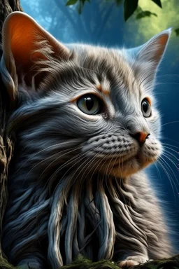 An illustration of grey kitten with bright blue eyes in a style of watercolor, profile view, golden hour, , realistic, high resolution, volumetric, chiaroscuro