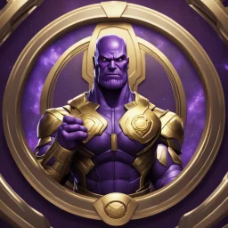 thanos with infiniti gauntletlogo animated inside a golden medalion