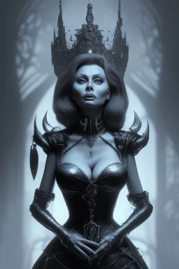 Sophia Loren as evil queen in black leather, cleavage, angry, stern look. character design by cory loftis, fenghua zhong, ryohei hase, ismail inceoglu and ruan jia. unreal engine 5, artistic lighting, highly detailed, photorealistic, fantasy