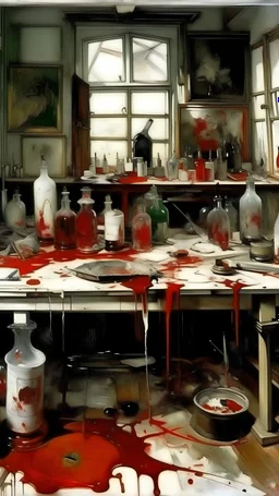 A mad doctor's lab covered in blood painted by John Singer Sargent