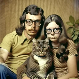 Awkward family portrait Photo with a man and a woman with ugly glasses, 30 years old sitting on chair, serious look, long 1960 hair and mustasch, polaroid camera photo, holding small cats