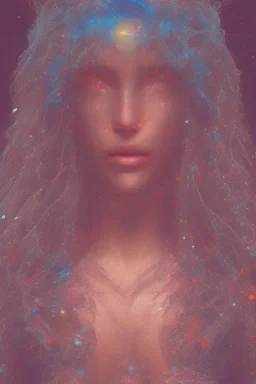 Sasha Luss with a VR headset face transforming into generative art chrome water and glow blue intense red rainbow sky