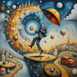 Create a surreal image that represents, in a creative way, the following concept: 'It's A Lucky Man Who's Happy With His Place In Life.' Surreal composition, in style by Richard Burlet and Esao Andrews Modifiers: fantasy very attractive beautiful imperial colors crisp quality colourful Jacek Yerka acrylic art pencil sketch Pop Art Paul Klee Banksy Pablo Picasso Esao Andrews Jan Vermeer abstract expressionism semolina pilchard dmt puff