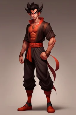 Full Body, Male Tiefling, monk, body shape as Super Sayian Goku, boxer pose, dark outfit colour theme, Handsome face