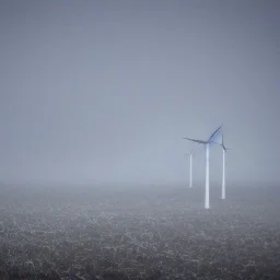 Thousands vertical wind turbines. Heavy cold rain. Thunderstorm. An engineer looking up. Futuristic scenary. Gray mist.