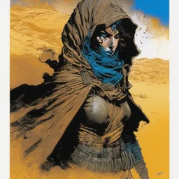 create a fine art print full body illustration of a rugged gritty, roughly textured, hooded, black clad and dusty Fremen female mercenary with highly detailed feminine facial features, amidst the billowing desert storms of Arrakis, in the comic book art style of Bill Sienkiewicz, and Jean Giraud Moebius, finely textured, drawn, colored, and inked,