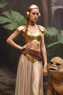 Phoebe Dynevor in princess Leia's slave costume of the Return of the Jedi, close to Jabba the Hutt.