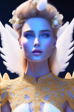 Flower, angel man, (detailed face )++, (detailed blue eyes)++ (long blond hair)++(pectoro visible)++(smile)++, , (two feathered wings on his shoulder blades)++, beautiful place, incredible, cosmic, colours, planet, gold, realistic, real photo, stars at night, detailed, high contrast, 8k high definition, unreal engine 5, extremely sharp details, (lighting effect, light background)++.