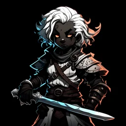 darkest dungeon style full character art: black-skinned halfling woman with white hair , wearing armour and wielding a sword