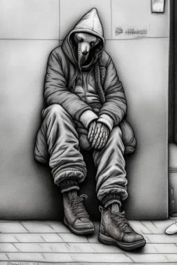 One single mature homeless cockatoo with worn out clothes, sleeping in a corner on the street, Vienna, mourning, model style, hyper realistic, extremely accurate, delicate, extremely detailed, Graphic novel style, wide-angle, open aperture, superfine pencil