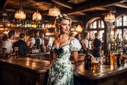 long shot of a beautiful tavern with many peoples drinking, fullbody of very beautiful German goddess girl with make up Lily wearing a pretty dress as she is a bartender gracefully serving the people,her eyes are so beautifull and every one in tavern,looks at her