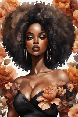 Create a watercolor painting art image of a curvy black female wearing a brown off the shoulder blouse, and she is looking down with Prominent makeup. Highly detailed tightly curly black afro. Background of large brown and black flowers surrounding her