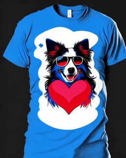 Vibrant, fun t-shirt design of a stylish Australian Shepherd dog with cool sunglasses and relaxed demeanor. The coat is a gradient mix of blue, red and white. The background is a fun red heart-shaped silhouette. The overall design is visually striking and would turn heads on a (((black t-shirt)))