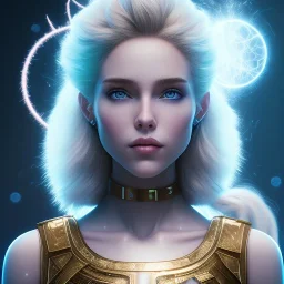 slightly smiling blonde pretty yoga artist, striped charged fluffy hair with blue sparks, labyrinth background , levitated lab equipment, 4k, Highly Detailed, Masterpiece, perfect eyes, Digital Illustration, Cinematic Lighting, Realistic, Sharp Focus, Centered, Beautifully Lit, Bioluminescent by Stanley Artgerm Lau