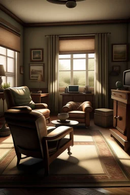 Photorealistic wide shot of an old woman's living room. Tidy and sparsely furnished with a well-loved leather recliner, sidetable and older tv. The recliner faces the tv. A small stool on wheels sits beside the tv. There is an open window with open drapes. The drapes appear to be hand sewn and tidy.