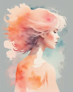 middle agу woman silhouette and hair watercolor draw peach pastel colors