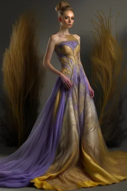 Stunning utopian gown with lavender and gold. Hyper realistic standing model