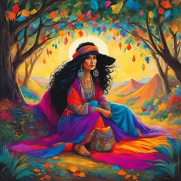 In the heart of a bustling Gypsy encampment Svetlanathe charismatic Gypsy Leader, sits beneath a brightly colored canopy. Her dark eyes, filled with wisdom and authority, scan the surrounding commotion. As the Gypsy Guide, Raul, approaches her with a determined stride, she senses his urgency and beckons him to join her.