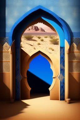 An open gothic_arab doorway in a tiled blue wall with a view of a desert landscape