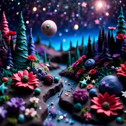 Detailed odd landscape made of modeling clay, naïve, Tim Burton, flowers, stars and planets, Harry Potter, strong texture, extreme detail, decal, rich moody colors, sparkles, clean, bokeh, odd