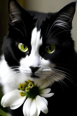 black cat with white flower