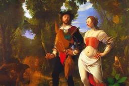 man and woman in colorful jungle by Caravaggio