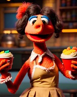 waitress woman with Sesame Street muppet mask-head, concept art, retro style, smooth, unreal engine 5, god lights, ray tracing, RTX, lumen lighting, ultra detail, volumetric lighting, 3d.